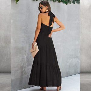 Halter Neck Dress Backless Boho Beach Party Maxi Dresses with Belt